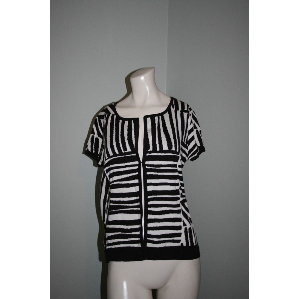 CHICOS Brown Ivory Geometric 55% Silk Blend Short Sleeve Cardigan Size 1 (8)